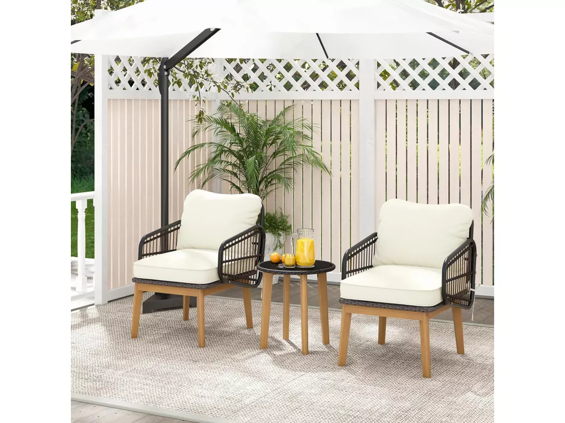 Ensemble de Meubles 3 Pièces de Patio en Rotin et fibre naturelle Charge 180KG, Salon de Jardin 2 Fauteuils Table Basse en Verre Trempé avec Coussins Lavables Accoudoirs pour Jardin Balcon