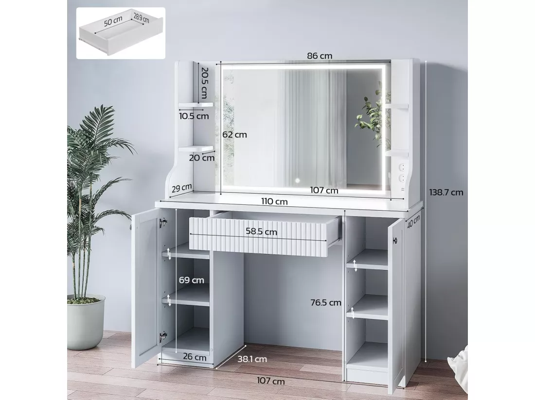 Coiffeuse avec Miroir LED à Luminosité Réglable,Dressing Table Moderne en Bois,Tiroir,3 Compartiments,110x40x138.5cm - Blanc