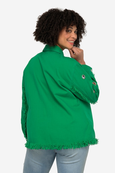 Jeansjacke, Ösen, Fransensaum, Hemdkragen, Langarm