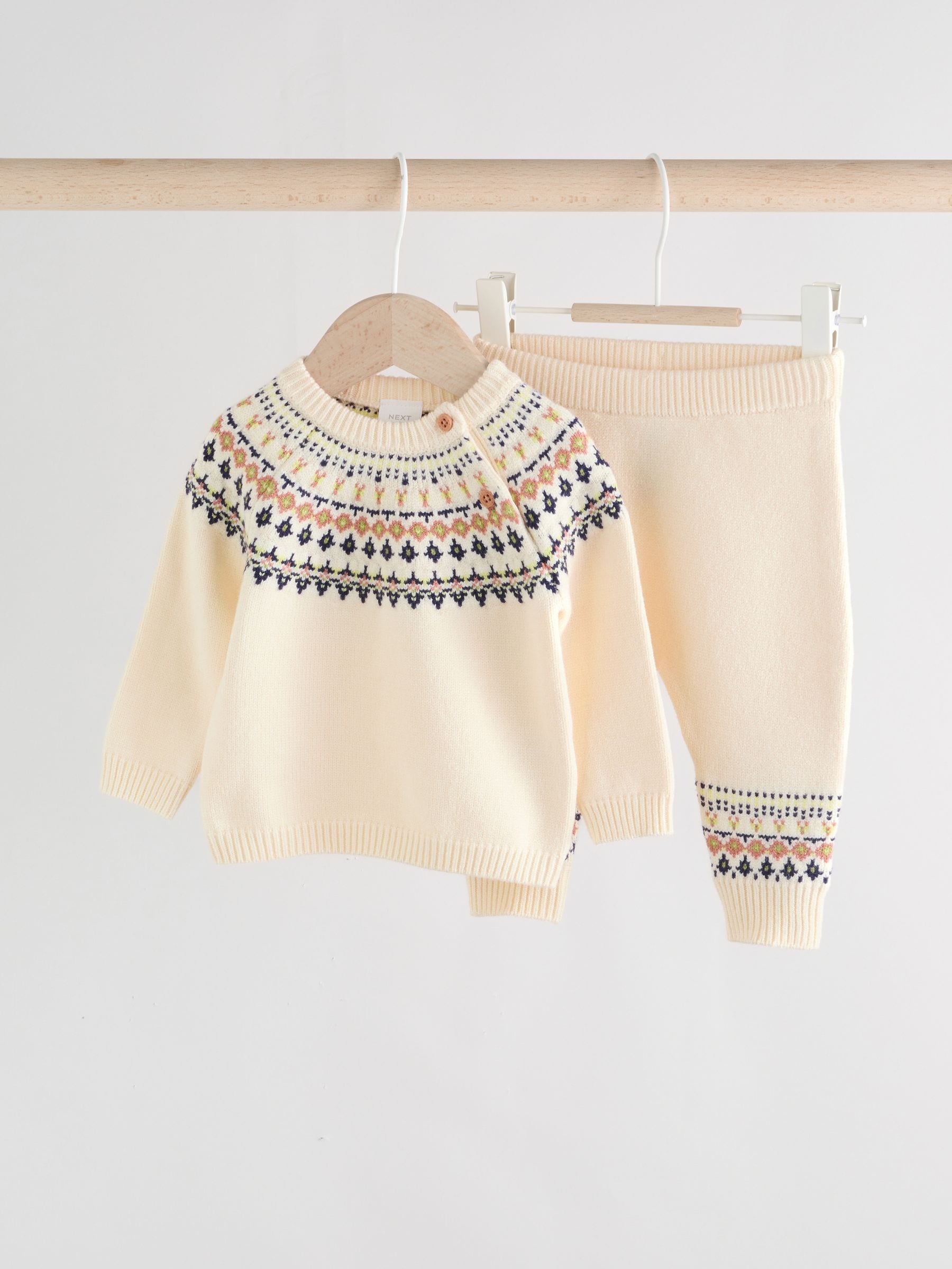 Crèmekleurig met fairislemotief - Babyset van gebreide top en legging (0mnd-2jr)