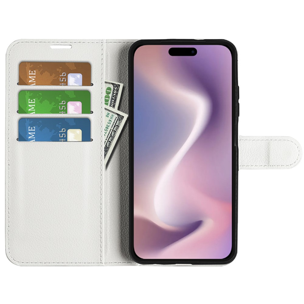 iPhone 16 Pro Leder Tasche Flip Cover Litchi Look - Weiss