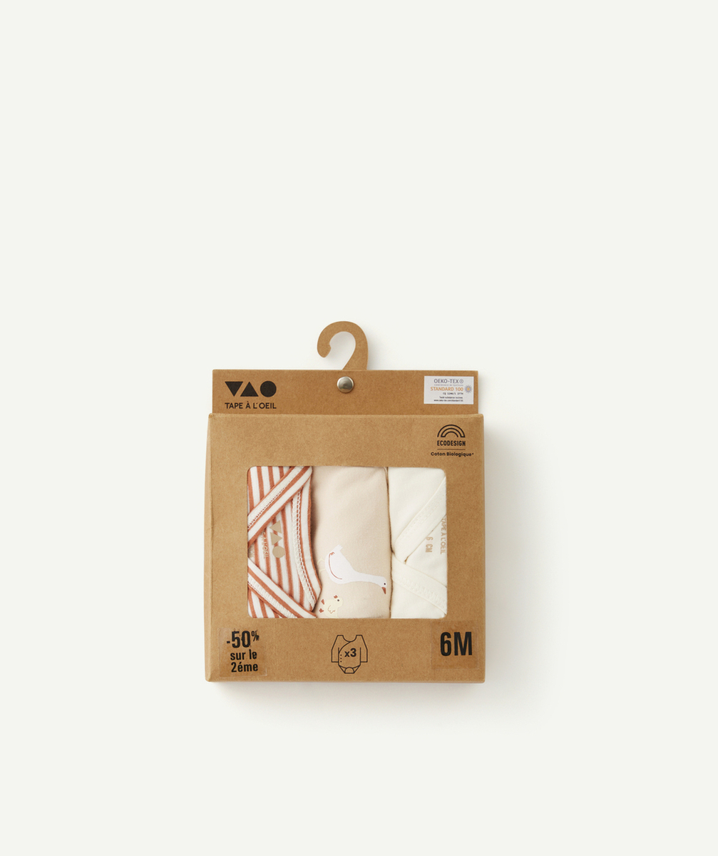 LOT DE 3 BODIES EN COTON BIOLOGIQUE BEIGE ÉCRU ET RAYÉ
