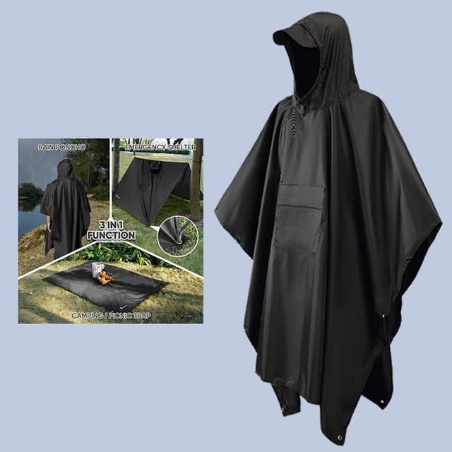 Multifunktionel regnponcho med hætte / camping presenning / shelter til vandrecamping Sort