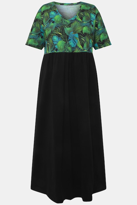 Jerseykleid, Blätter, A-Linie, V-Ausschnitt, Halbarm