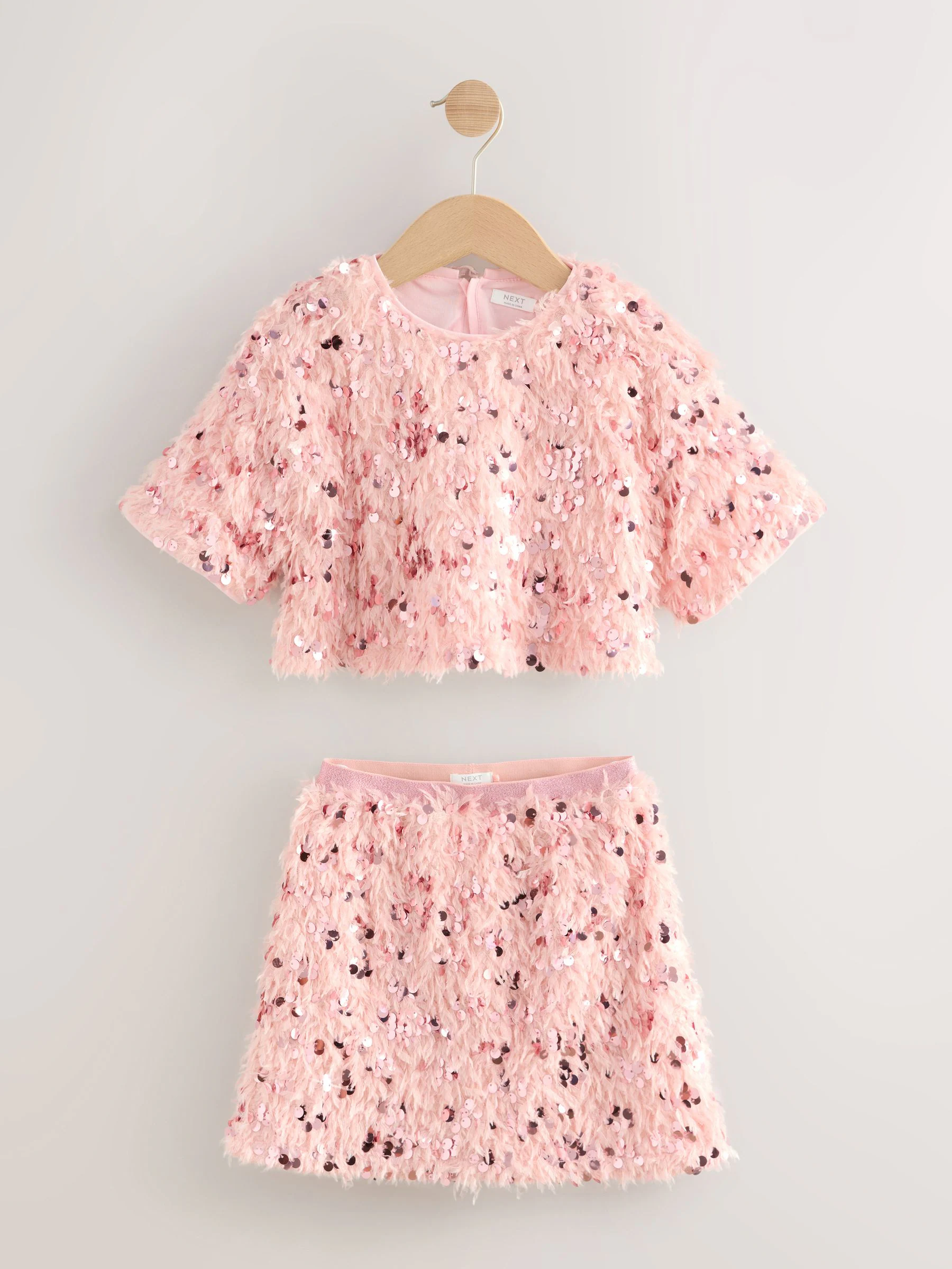 Roze pluizige Pailletten - Set van T-shirt en rok (3-16jr)