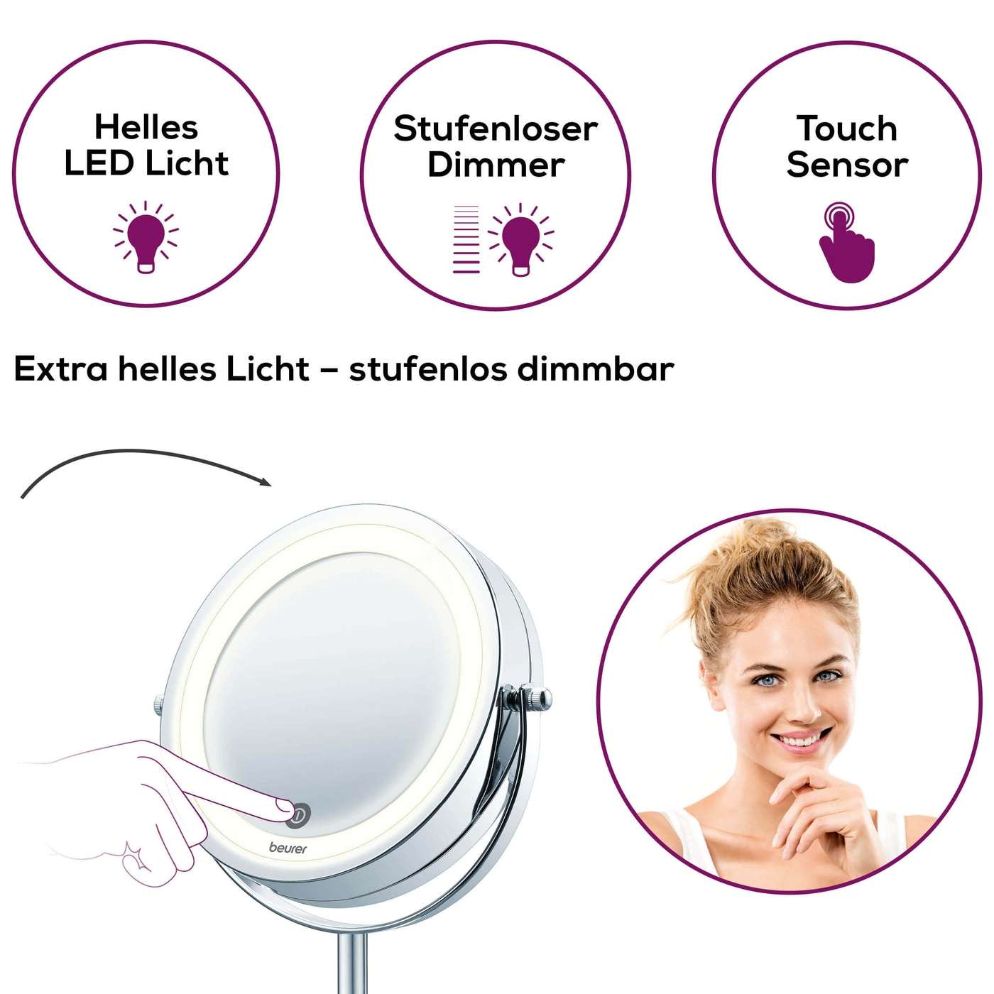 BS 55 Beleuchteter Kosmetikspiegel LED Standspiegel Doppelseitig Batteriebetrieben (65486) - Weiss / Silber