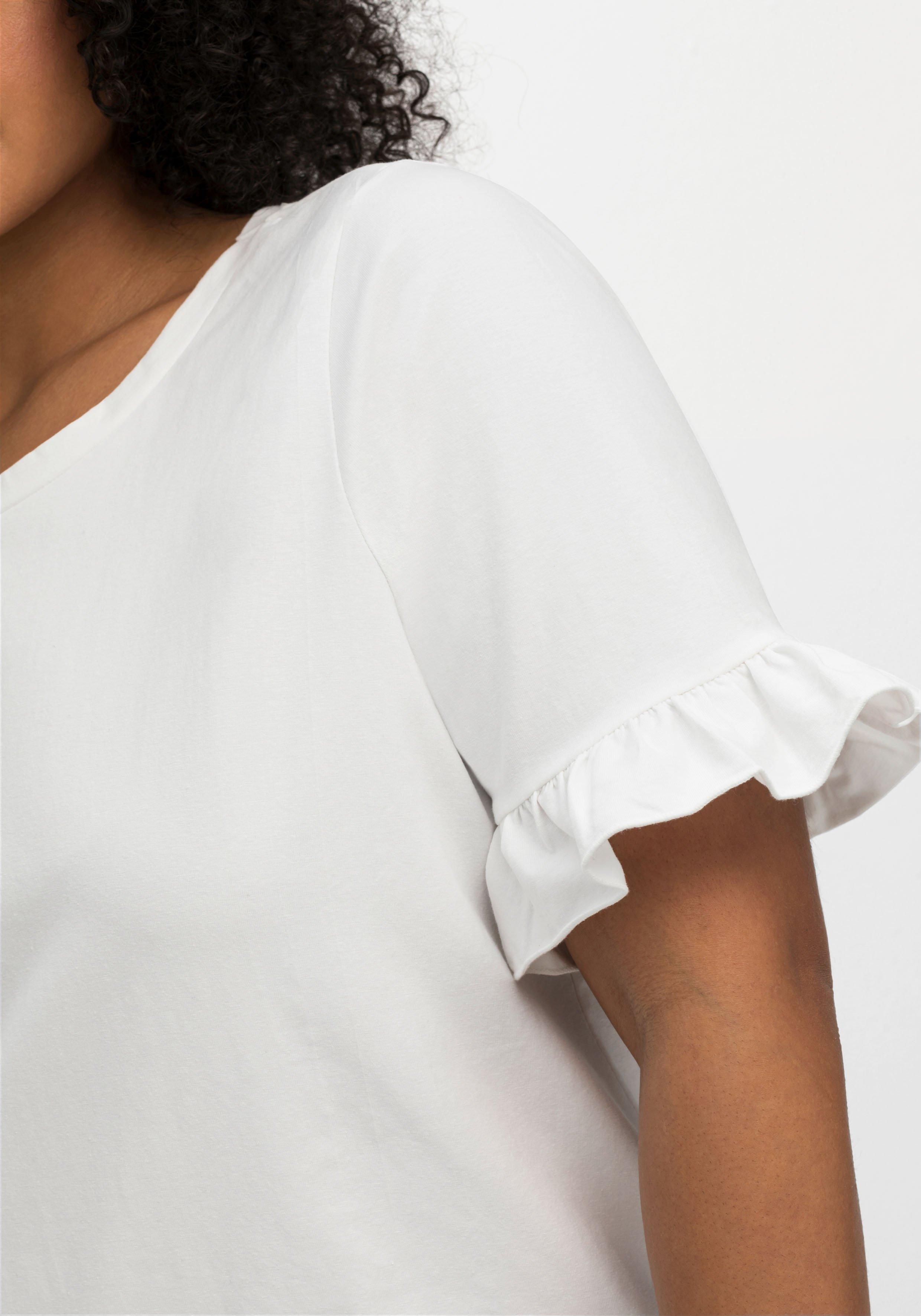 Kurzarmshirt mit Rüsche am Arm, leicht transparent