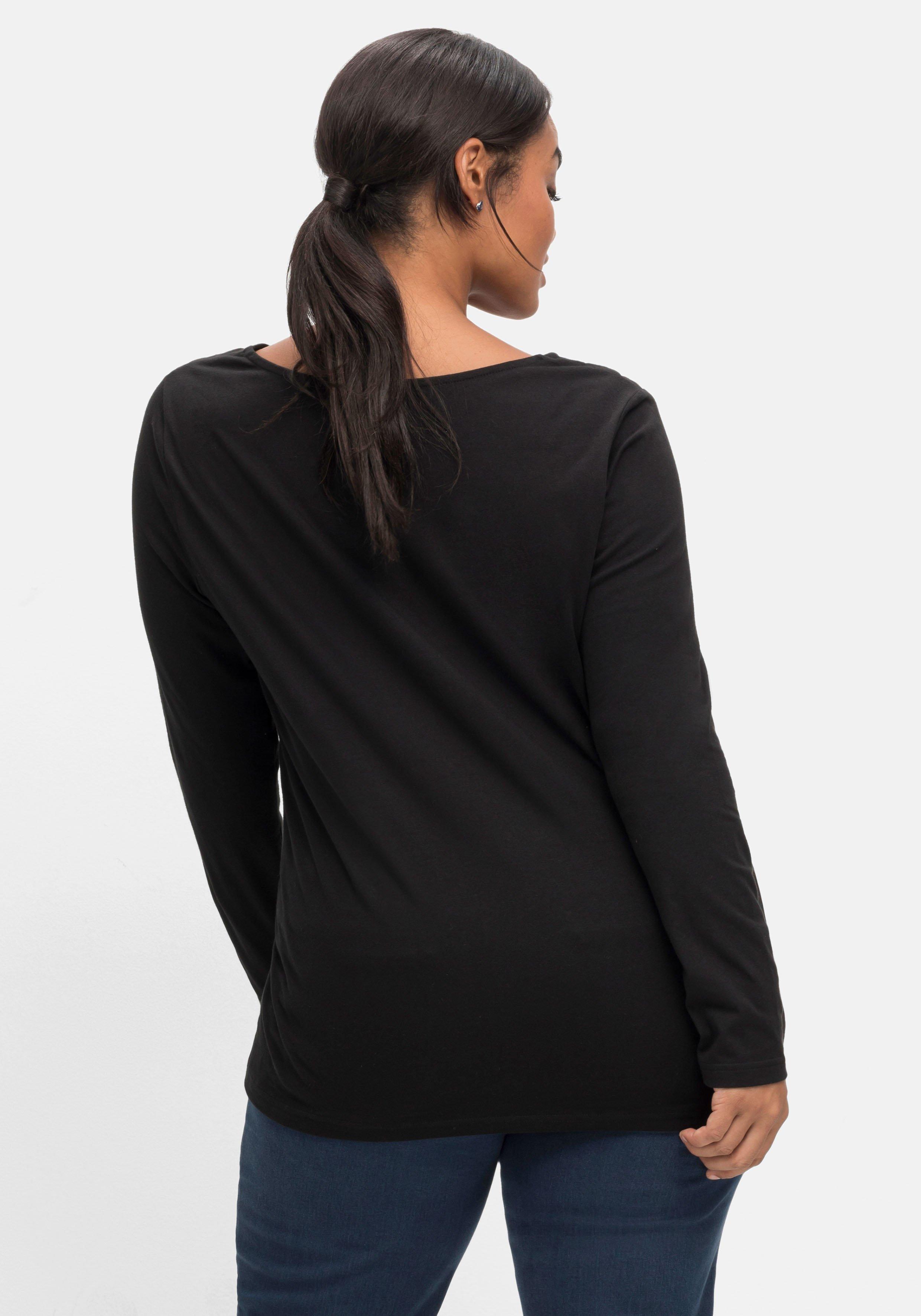 Langarmshirt mit Zierfalten am V-Ausschnitt, A-Linie
