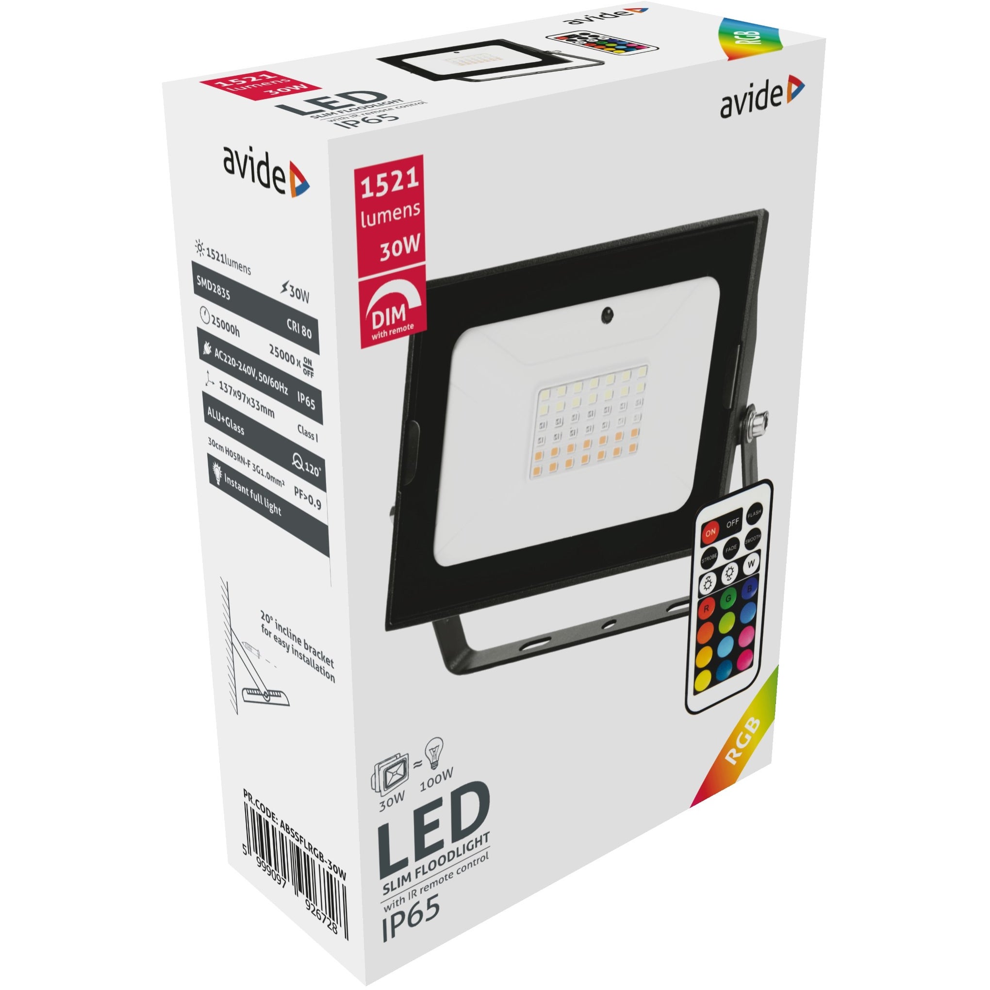 Avide LED Flood Light Slim SMD 30 W RGB met afstandsbediening
