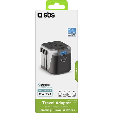 SBS universal rejseadapter 12 W - sort/sølv