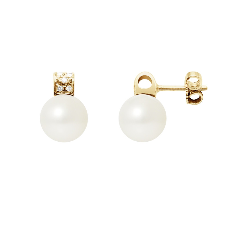 Boucles d'Oreilles Perles de Culture Blanches, Diamants et Or Jaune 750/1000