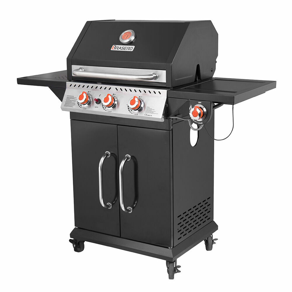 Barbecue Perth Noir à gaz 3 Feux + 1 brûleur latéral - 11,5 kW