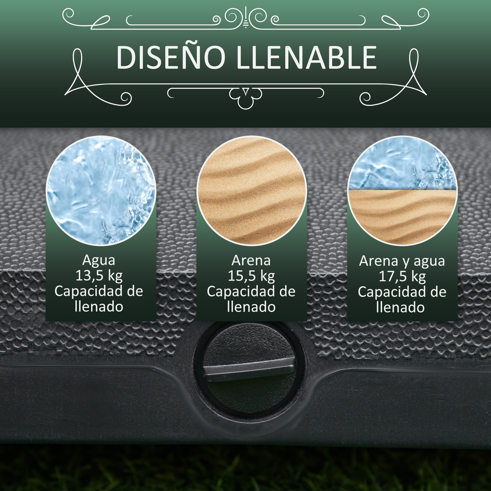 Base para guarda-sol Outsunny com 4 rodas com trava, suporte para guarda-sol que pode ser preenchido com areia (18 kg) ou água (16 kg) para jardim, pátio e terraço, 45x45x39 cm, preta.