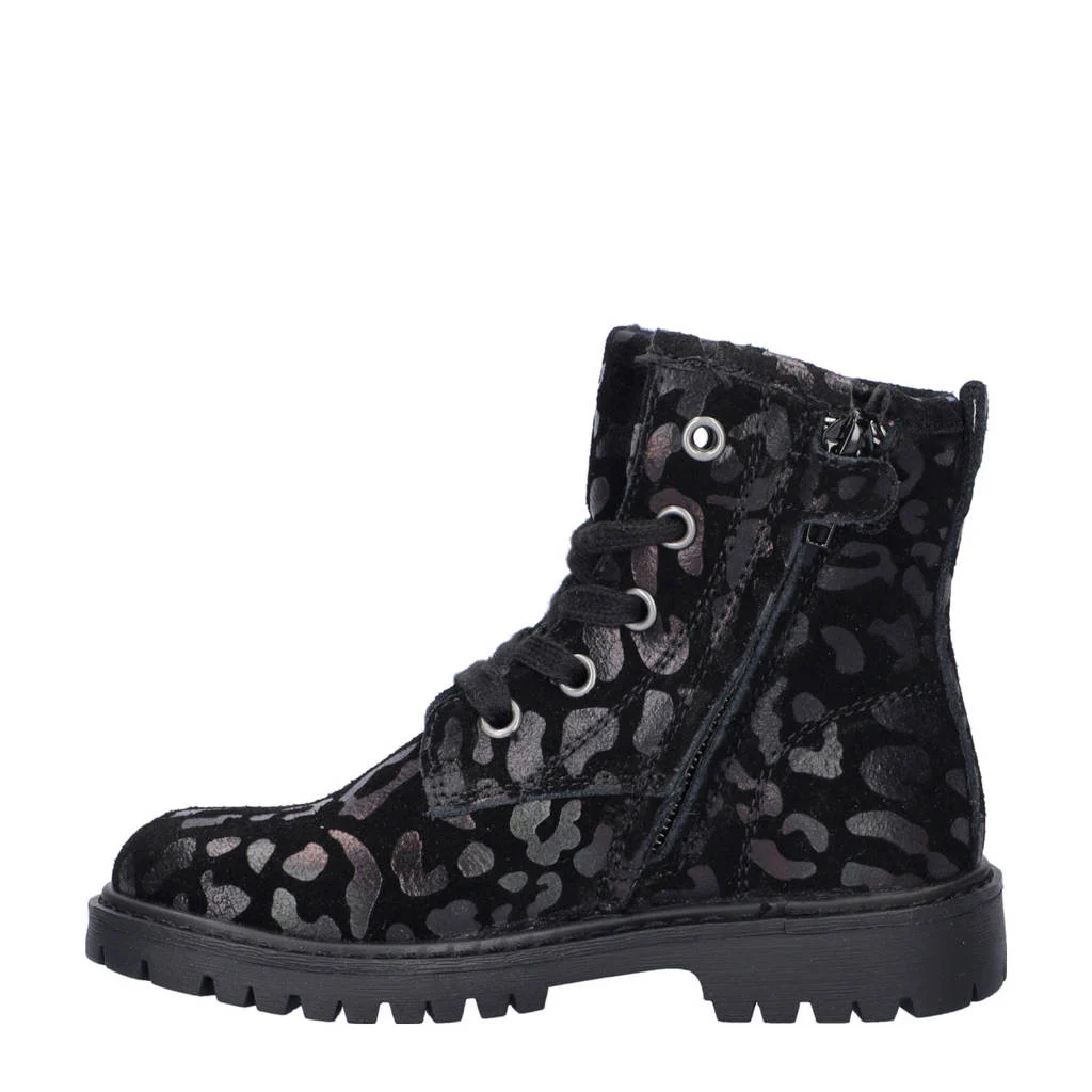 Nelson Kids suède veterboots met panterprint zwart