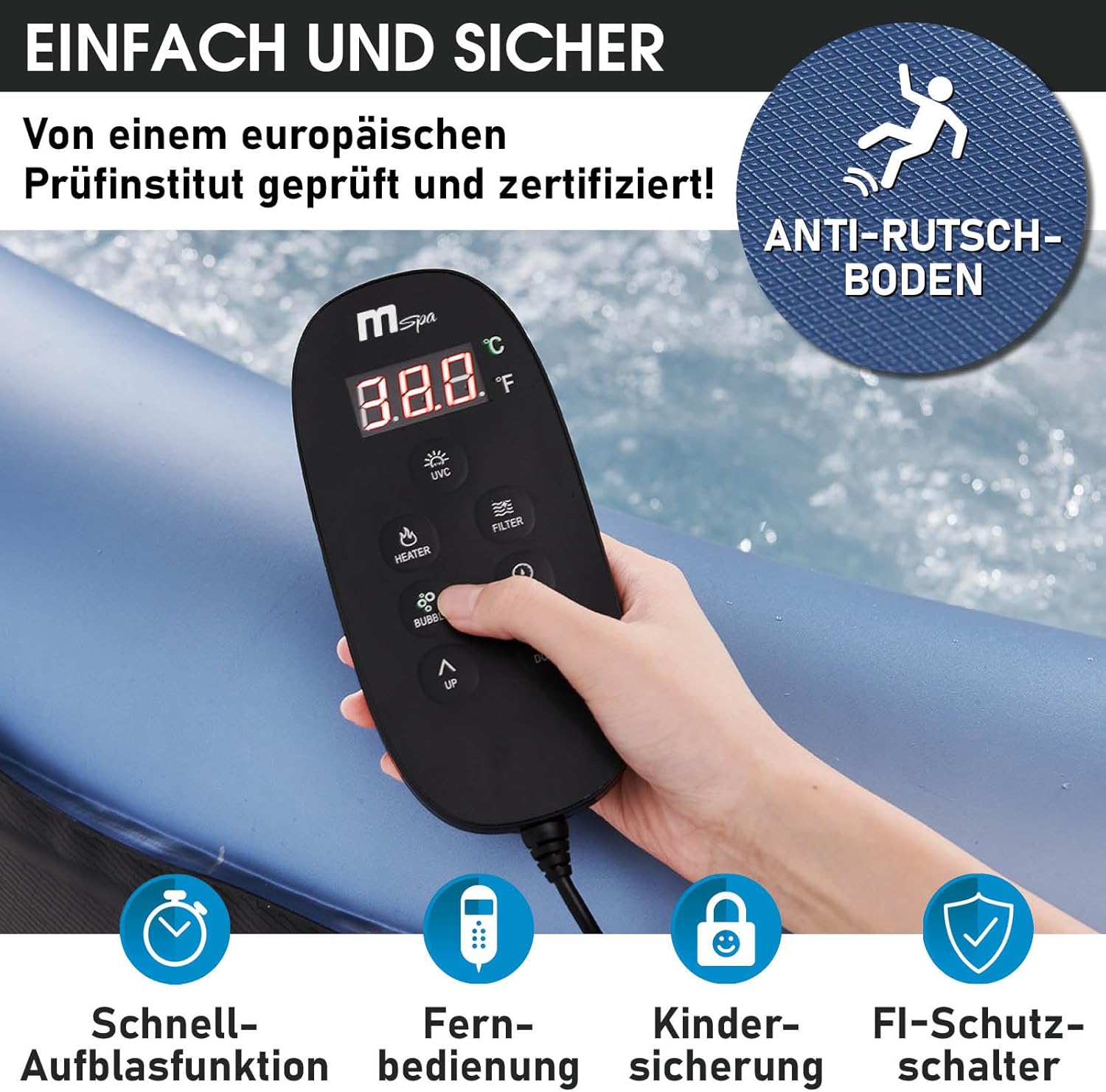 Whirlpool aufblasbar BRAST MSpa Tekapo für 6 Personen 185x185cm In-Outdoor Pool 132 Massagedüsen Energiespar-Timer Heizung Aufblasfunktion per Knopfdruck Bubble Spa Wellness Massage