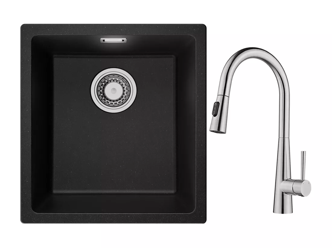 CECIPA MAX Evier 1 Bac en Quartz et Résine Noir Gris 40*44*20cm + Mitigeur de Cuisine avec Douchette Extractible Avec 3 Modes de Sortie D'eau Brossé