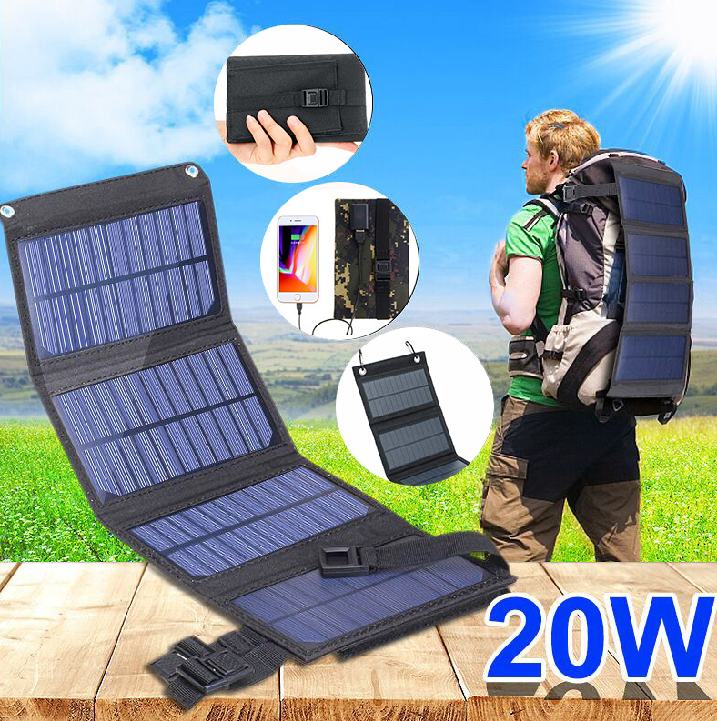 (20W) Faltbares Solar Panel Sonnenkollektor mit USB A Anschluss   Karabiner Haken - Schwarz