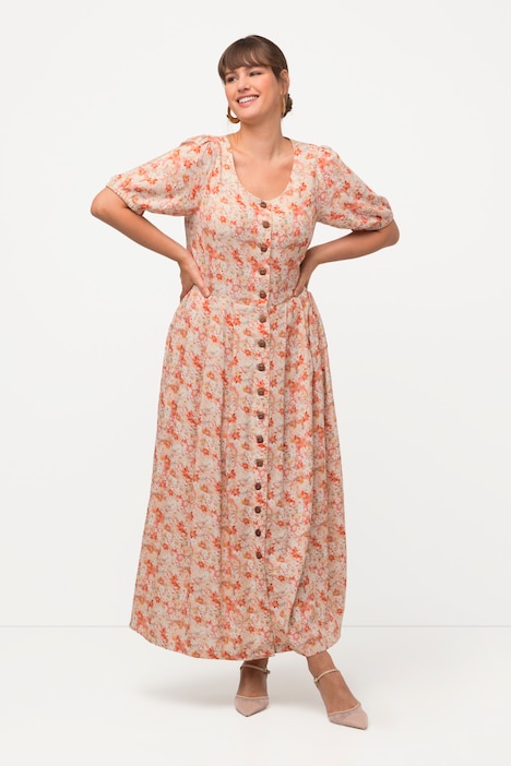 Trachtenkleid, Blüten, Rundhals, Halbarm, Leinenmix