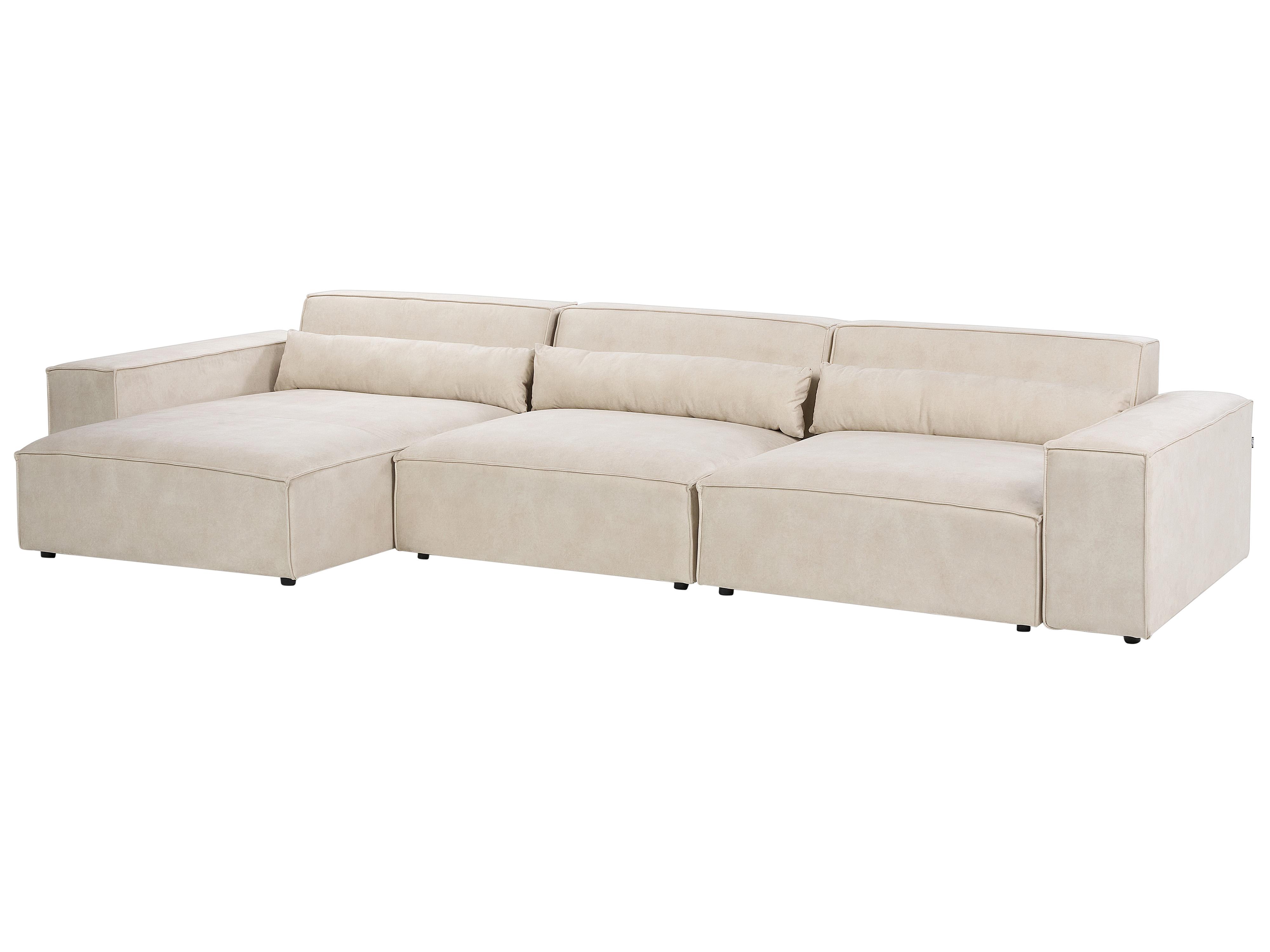 Modulaire hoekbank 3-zits HELLNAR Fluweel Lichtbeige met ottomaan rechtszijdig