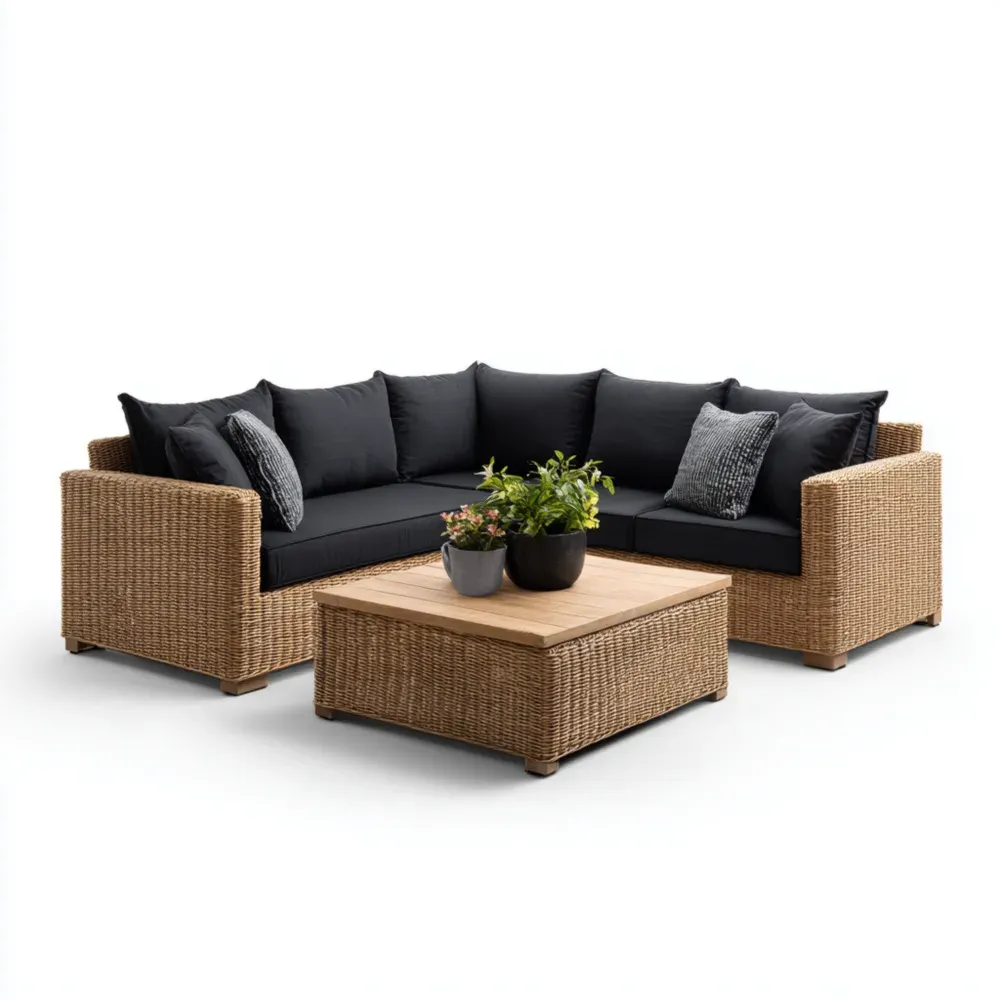 Gartensofa-Set Polyrattan 250x250 cm Schwarz/Natur mit Teakholz Couchtisch