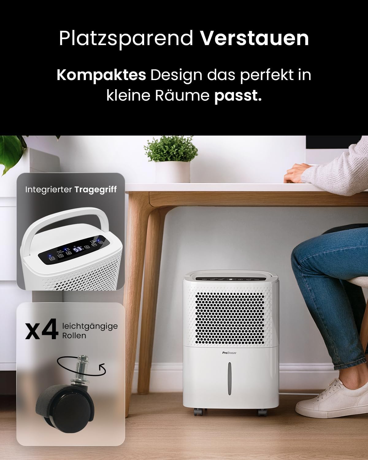 Pro Breeze Luftentfeuchter 12L in 24h Entfeuchtungsleistung - Raumgröße ca. 120m³ (~20 m²) - mit 3 Betriebsarten, Digitalanzeige, Ablaufschlauch, Timer - Gegen Feuchtigkeit, Schimmel Weiß