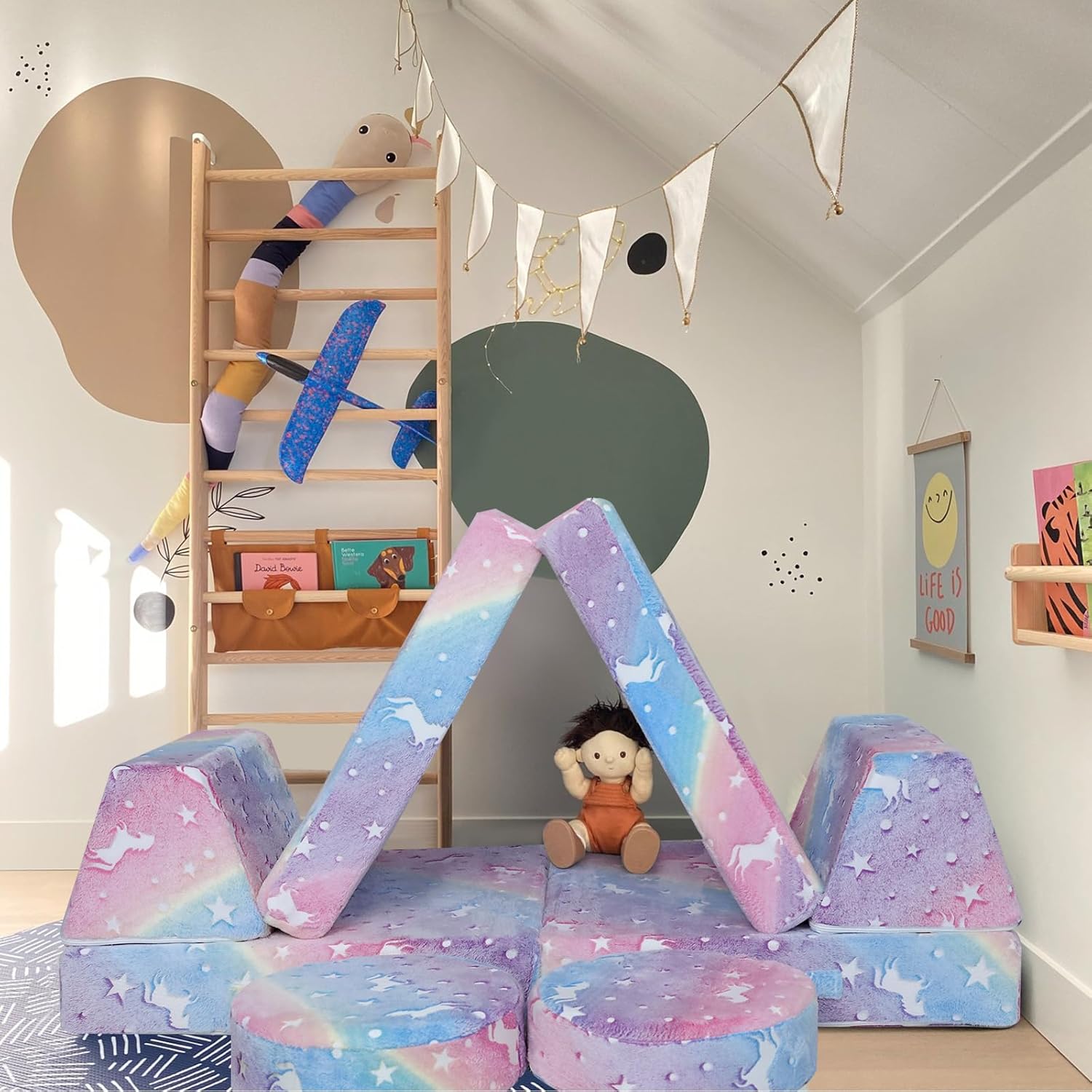 MeMoreCool Spielsofa für Kinder, Modulares Sessel Couch für Kuschelecke Kinderzimmer, Schlafsofa, 8-teiliges Sofa Spielset, Schaumstoff Sofa Bed mit Schlaffunktion für Mädchen Jungen, Regenbogen