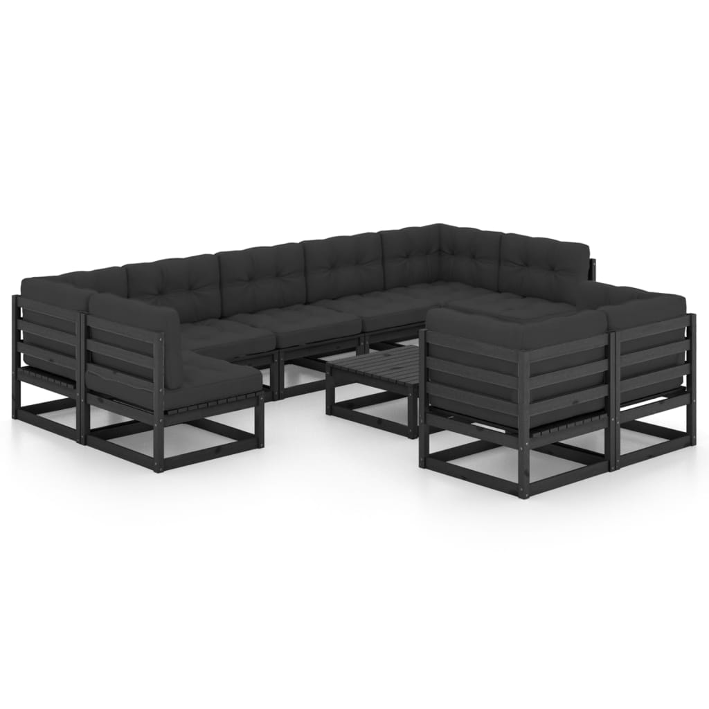 Salon de jardin meuble d'extérieur ensemble de mobilier 10 pièces avec coussins noir bois de pin massif