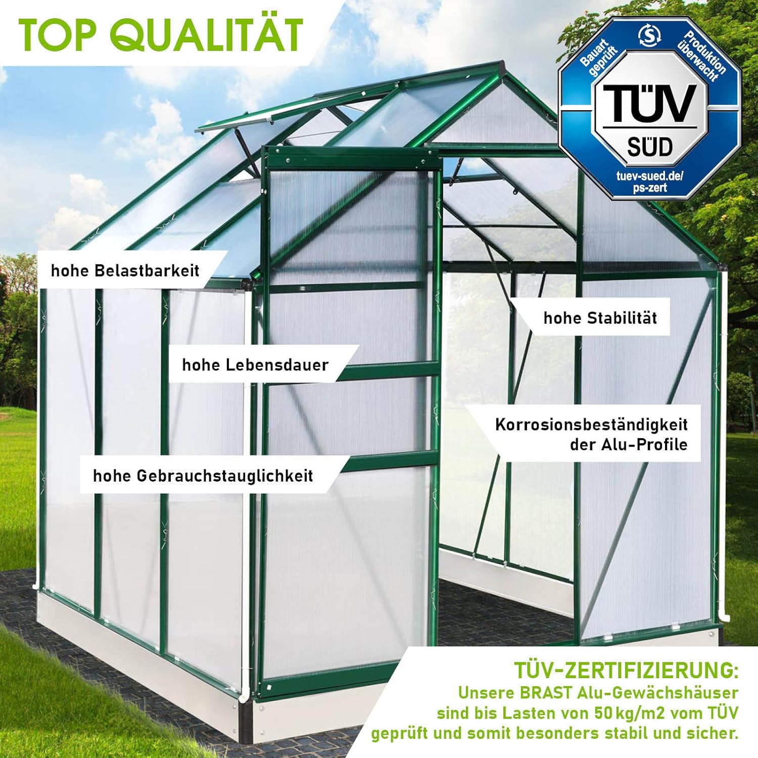 BRAST Gewächshaus Aluminium mit Fundament | 42 Modelle | 130x190x195cm - 490x250x235cm | TÜV geprüft | 6mm Hohlkammerplatten | rostfrei wetterfest temperaturbeständig | 190x190x195cm Grün
