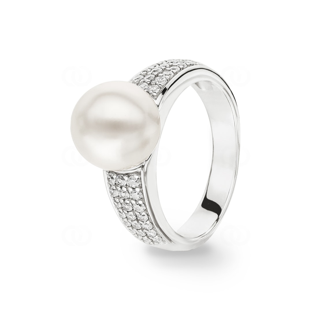 Damenring 925 Silber rhodiniert mit Kunstperle 9mm und Zirkonia pavé