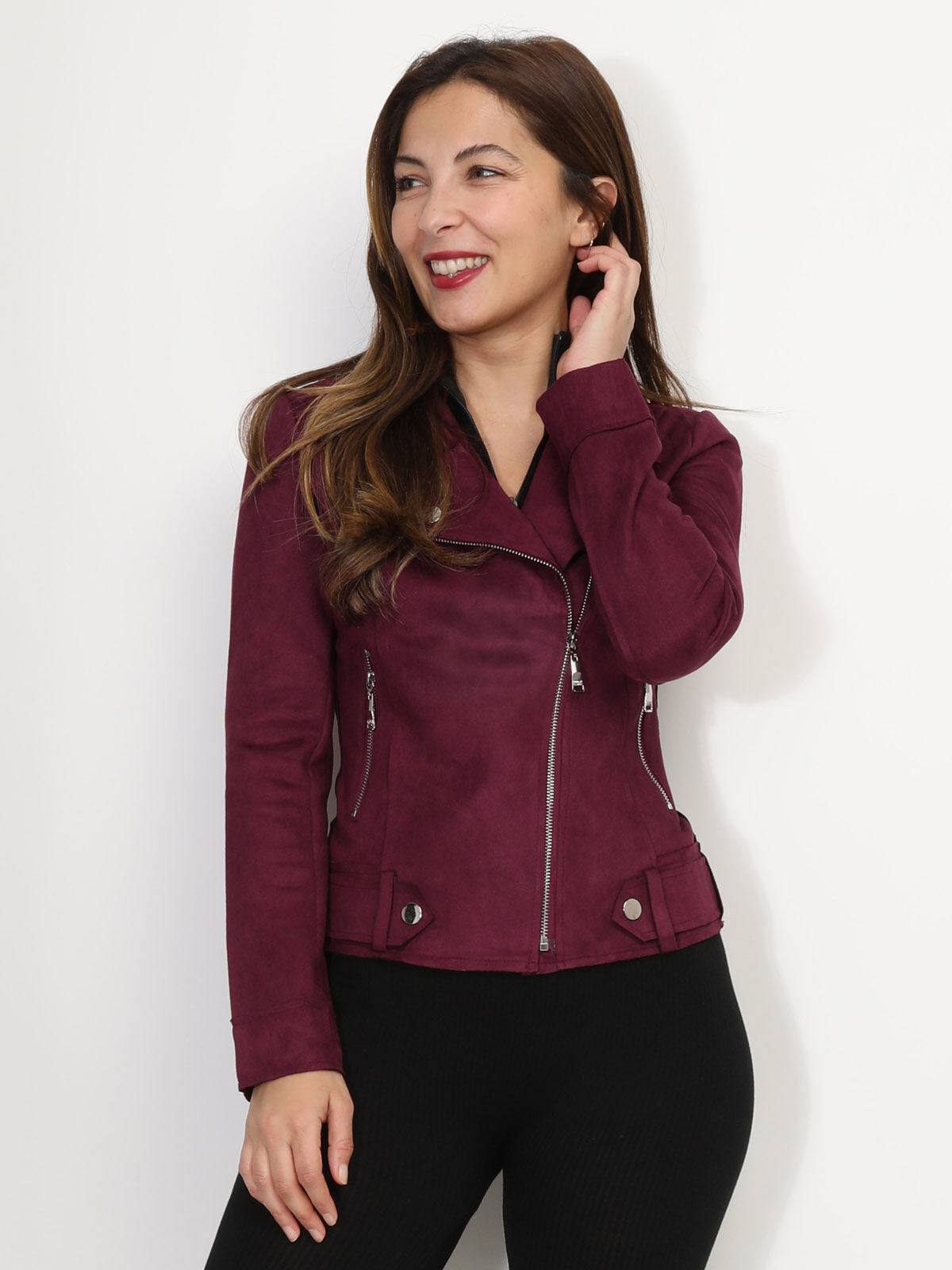 Blouson biker zippé en suédine- Violet