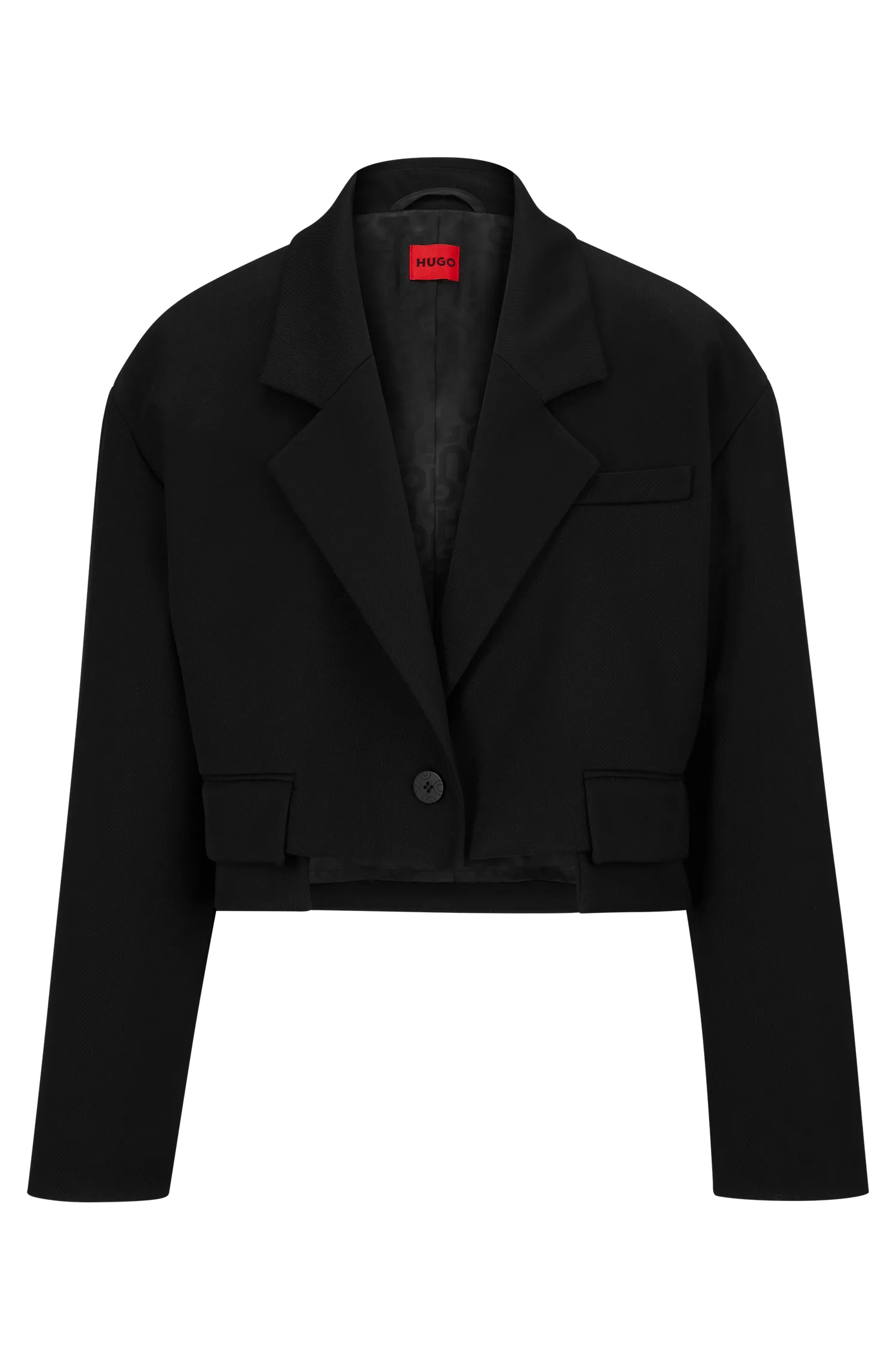 Jaqueta cropped HUGO vermelha, modelagem oversized, em gabardine stretch.