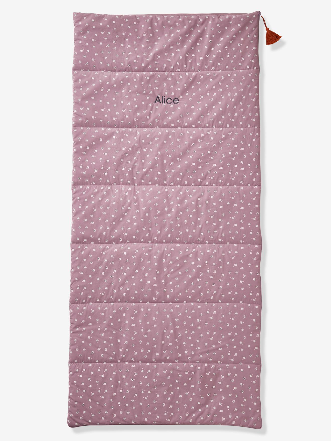 Saco de dormir personalizável, tamanho médio com estampa de margaridas roxas.