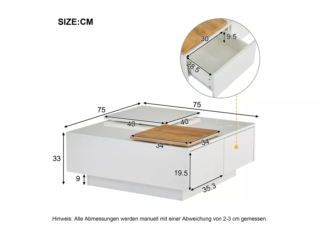 Table basse carrée moderne en bois blanc laqué 75x75x33,5 cm avec plateau mobile, capacité de charge jusqu'à 30 kg, 4 tiroirs