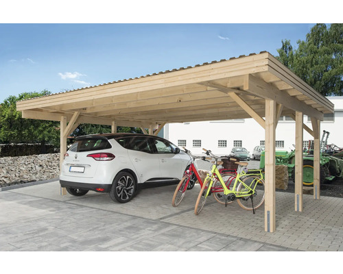 Dubbele carport, sparrenhout, maat 3, 600 x 510 cm, natuurlijke afwerking