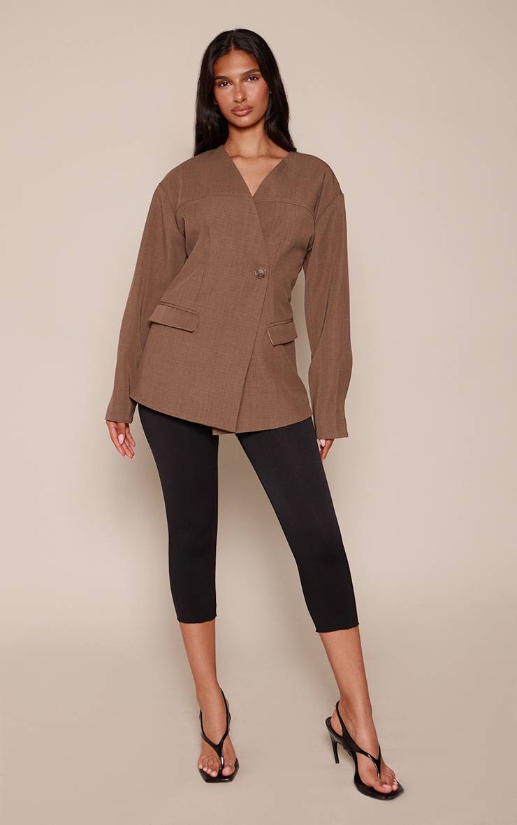 Taupe Blazer Sombre Cintré Asymétrique Sans Col À Coupe Ajustée