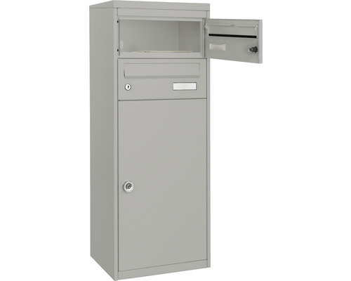 MEFA pakketbrievenbus, gepoedercoat staal, BxHxD 410/1025/325 mm, Mana 482, wit aluminium RAL 9006, toegang aan de voorzijde, 3 compartimenten met 2 naamplaatjes