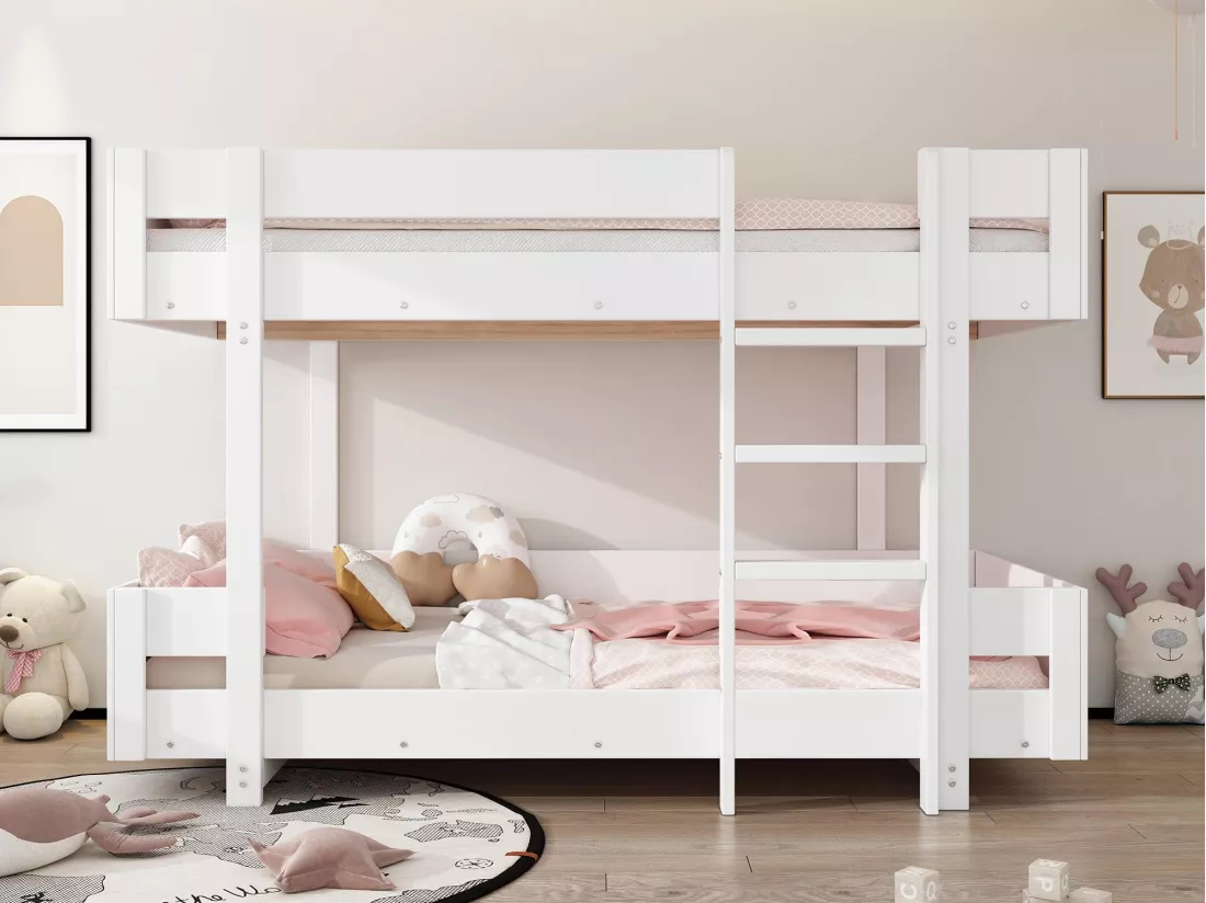 Lit superposé pour enfant 90x200 cm - avec échelle et garde-corps - design simple - Blanc (sans matelas)