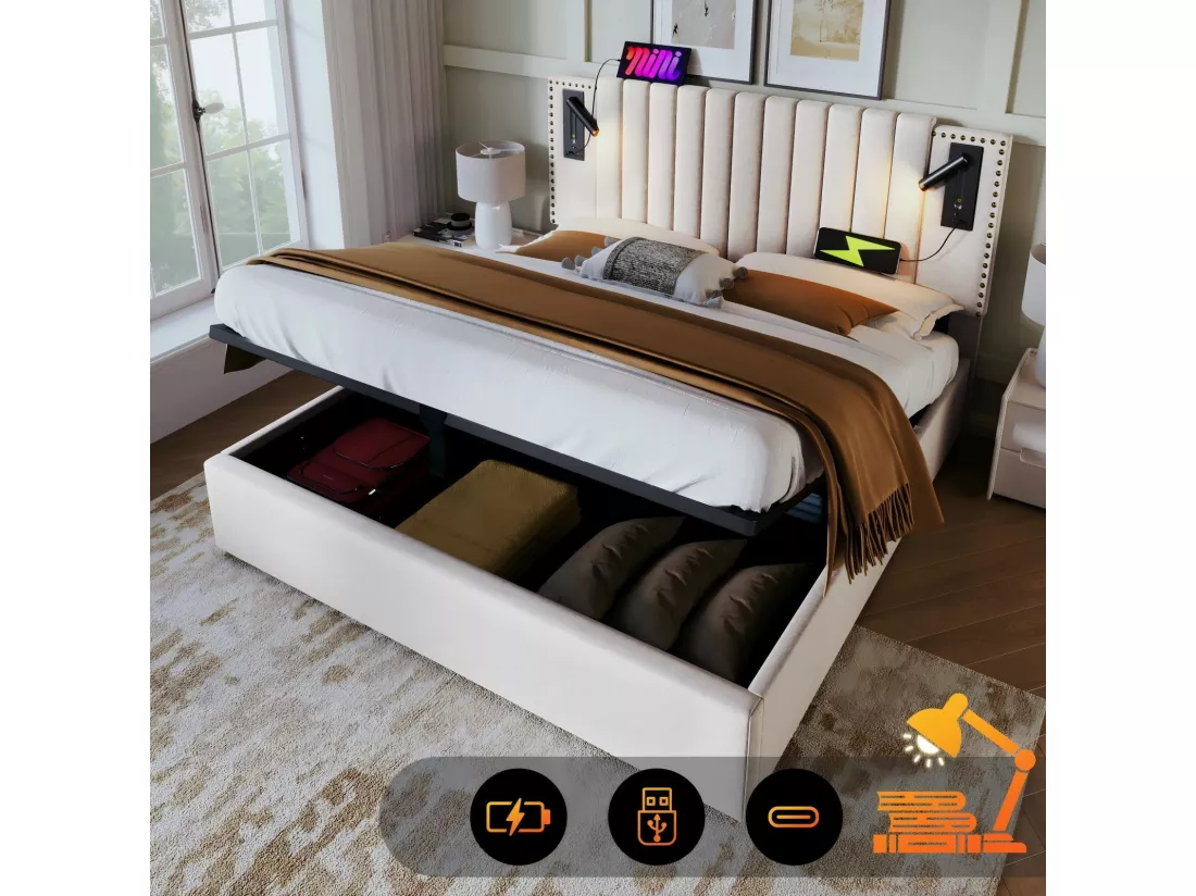 Lit coffre en tissu coton 160x200cm + Matelas, tête de lit réglable, avec lampe de lecture et port de charge, Beige