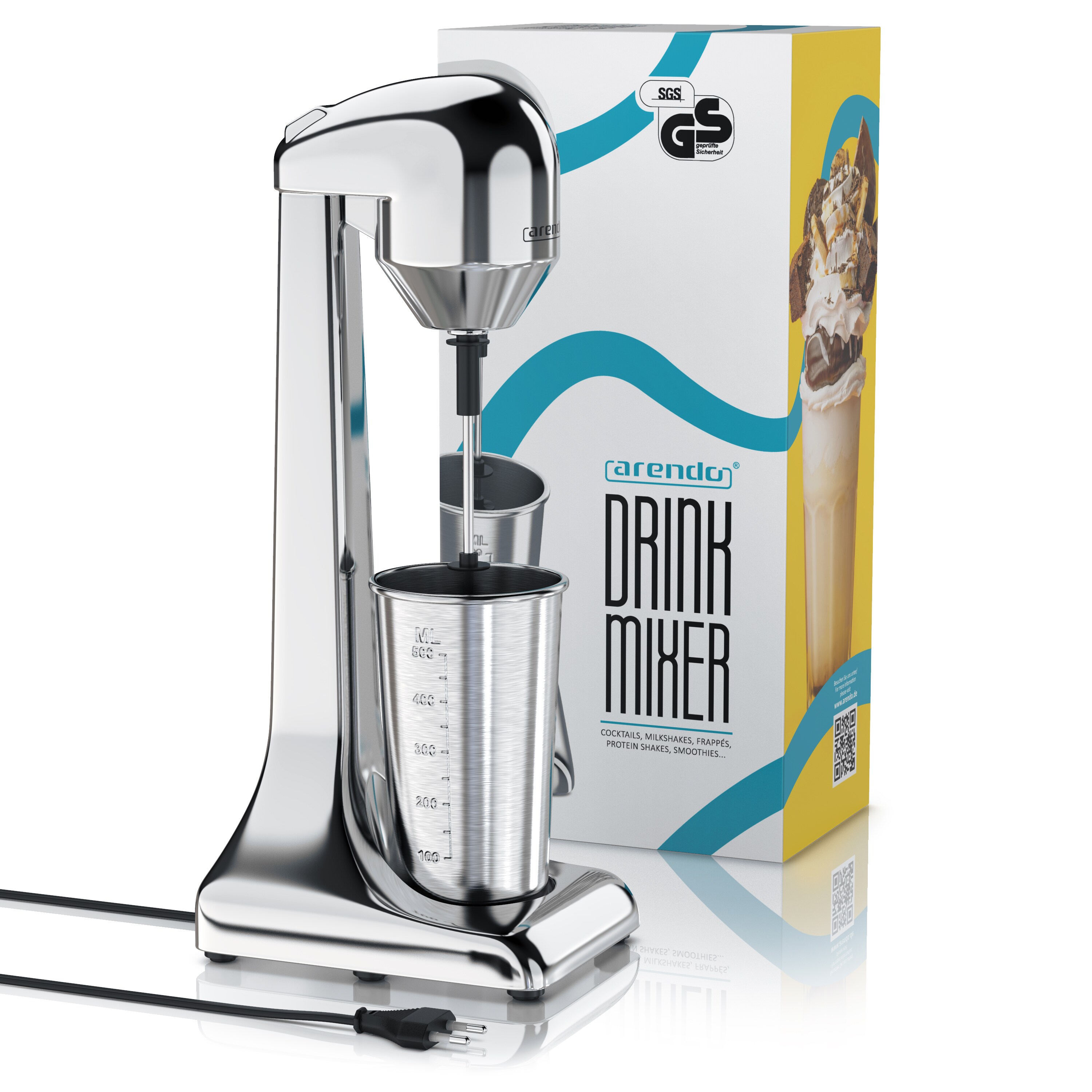 Arendo Getränkemixer elektrisch, 500 ml, 100 W, 2 Geschwindigkeitsstufen, für Protein Drinks Smoothies Eischnee Cocktails, Silber