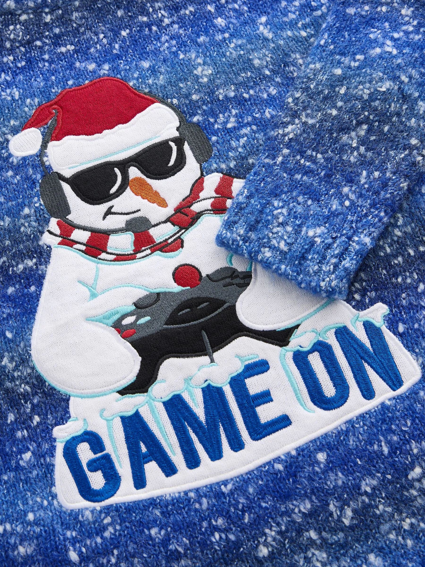 Blauwe gaming-sneeuwpop - 100% katoenen Kerstmis Trui (3-16jr)