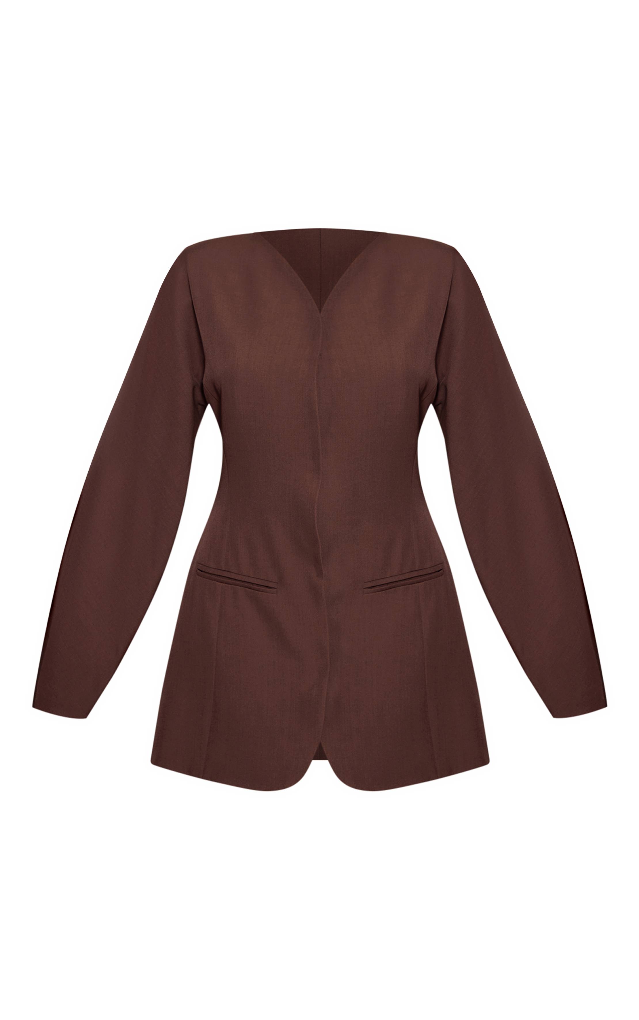 Chocolat Robe Blazer Sans Col En Tissu Tissé À Manches Ballon