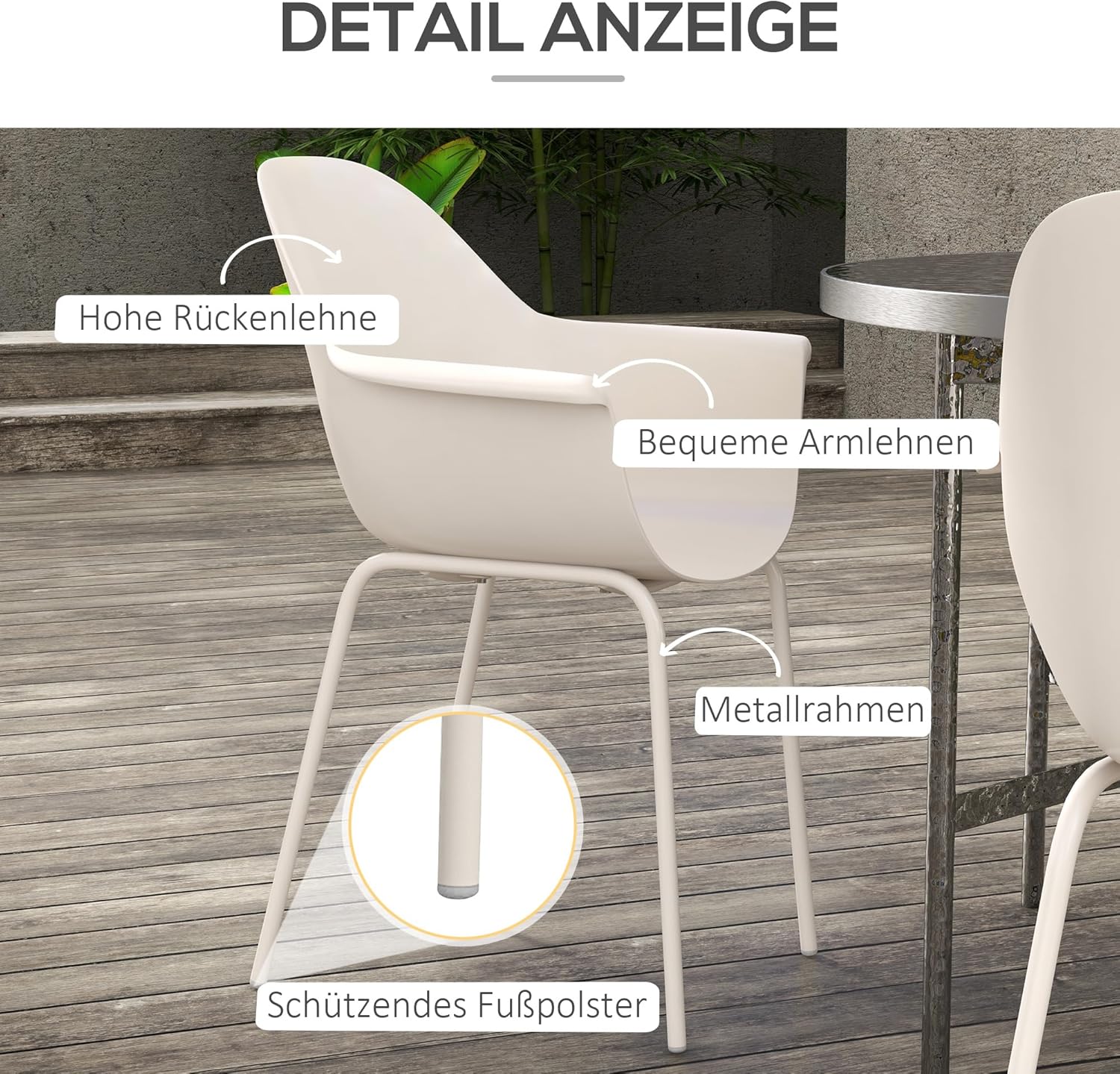 Outsunny Gartenstuhl 4er Set wetterfest Gartenstühle aus Kunststoff mit Armlehne Rückenlehne Terrassenstuhl bis 120 kg belastbar Gartenmöbel für Hinterhof, Garten, Balkon Grau