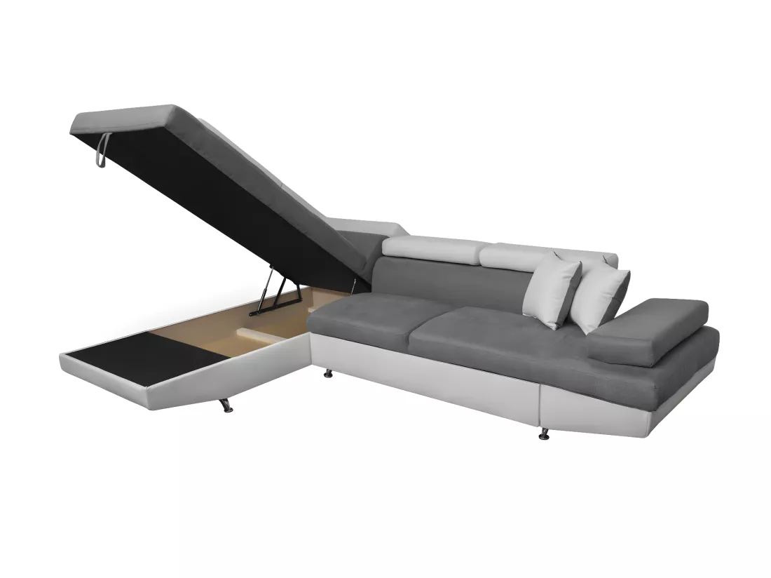 Canapé d'angle gauche 5 places Rio Convertible avec coffre en microfibre et simili - Blanc/Gris - L271 x P192 x H70cm - Loungitude