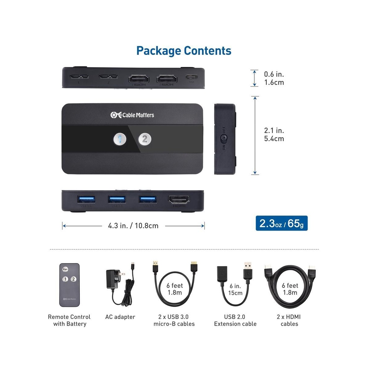 Cable Matters KVM-svitsj HDMI 2 til 1, 3x USB-A