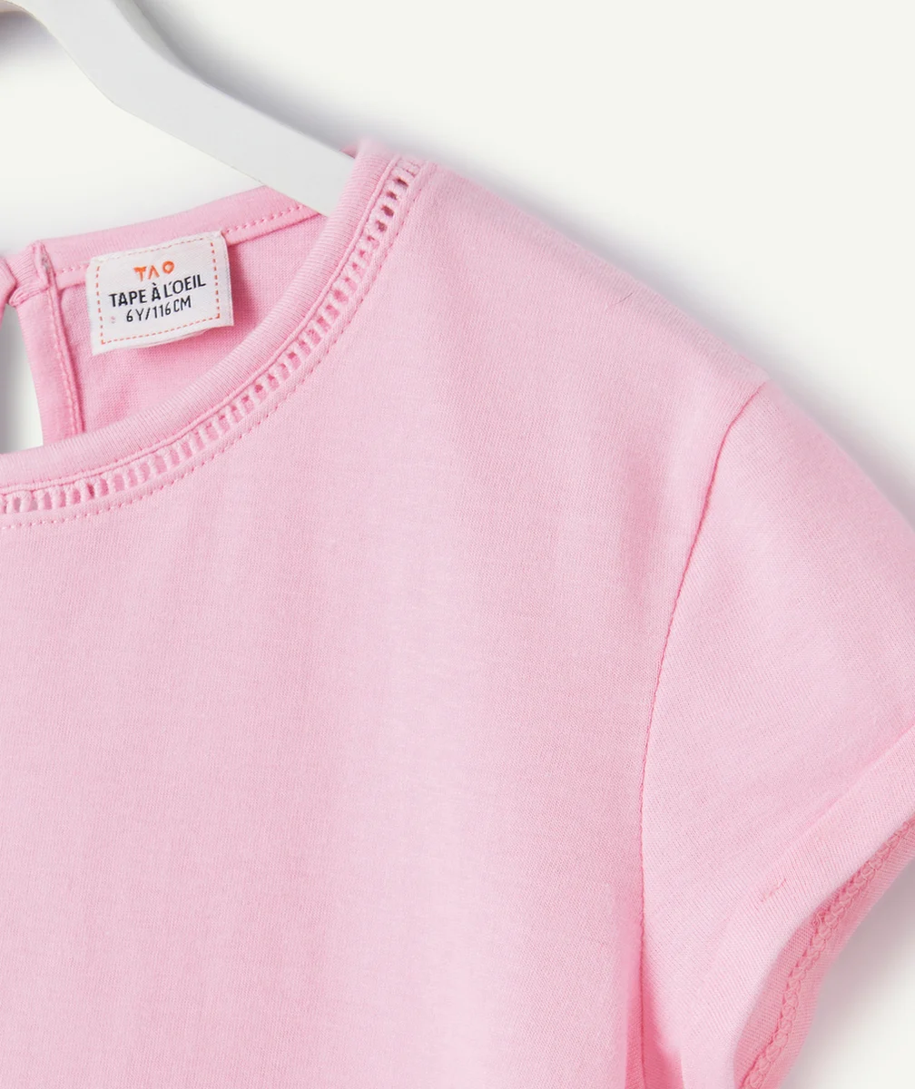 T-SHIRT MANCHES COURTES FILLE EN COTON BIO ROSE AJOURÉ