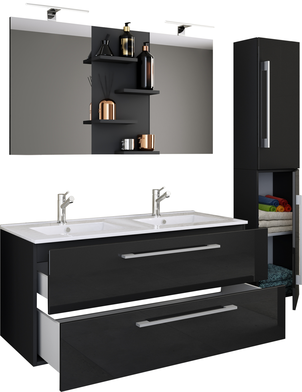 4-teiliges Badmöbel-Set BUDASI - schwarz - Spiegel - 145 cm breit
