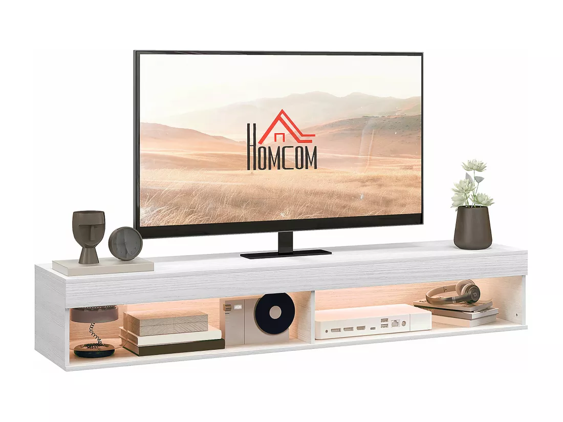 Meuble TV design LED suspendu mural - 75 pouces max. - 2 niches - dim. 180L x 40l x 30H cm - aspect bois blanc