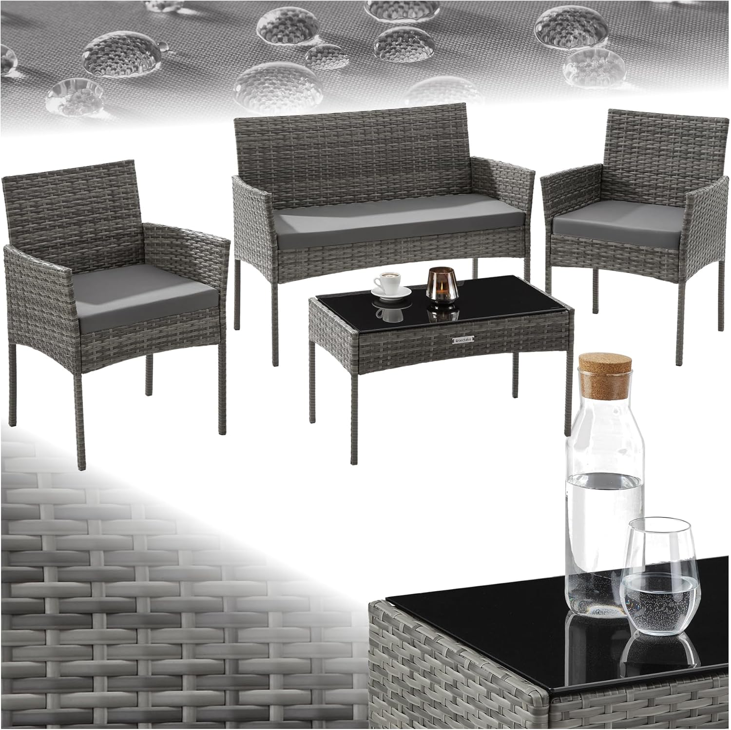 tectake® Rattan Gartenmöbel Set, Outdoor Lounge Möbel,1x Gartenbank, 2X Stuhl, 1x Balkontisch, mit Outdoor Kissen wetterfest, Balkonmöbel Kleiner Balkon, Lounge Gartenmöbel, Terrassenmöbel - grau