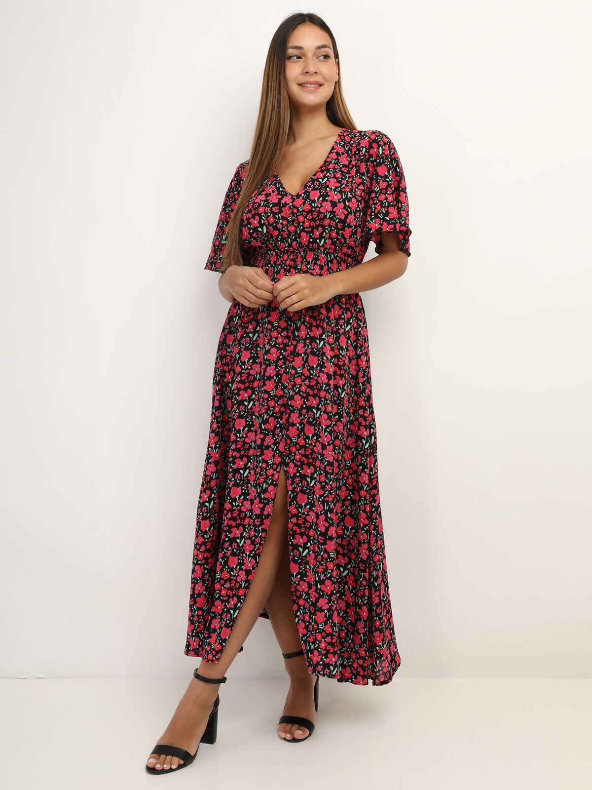 Robe longue fendue à fleurs- Noir