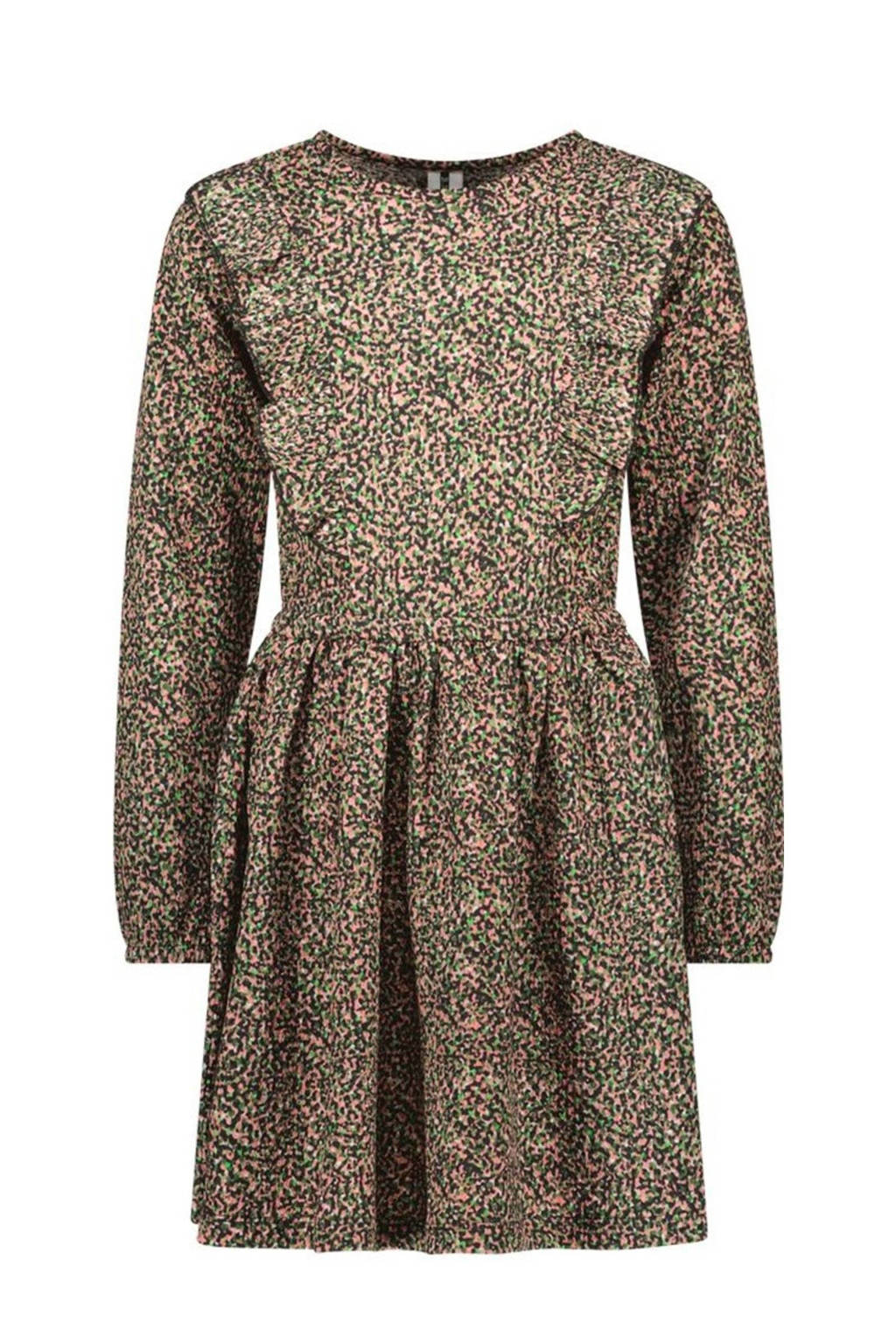 B.Nosy jurk Doutzen met all over print en ruches groen/ecru/zalm